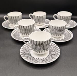 Set 6 GUSTAVSBERG SALIX White Black Willow Leaves Cup & Saucer, Sweden